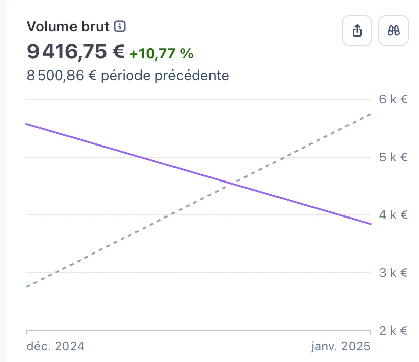 Stripe, volume brut de décembre 2024 à janvier 2025 : 9 416,75 €